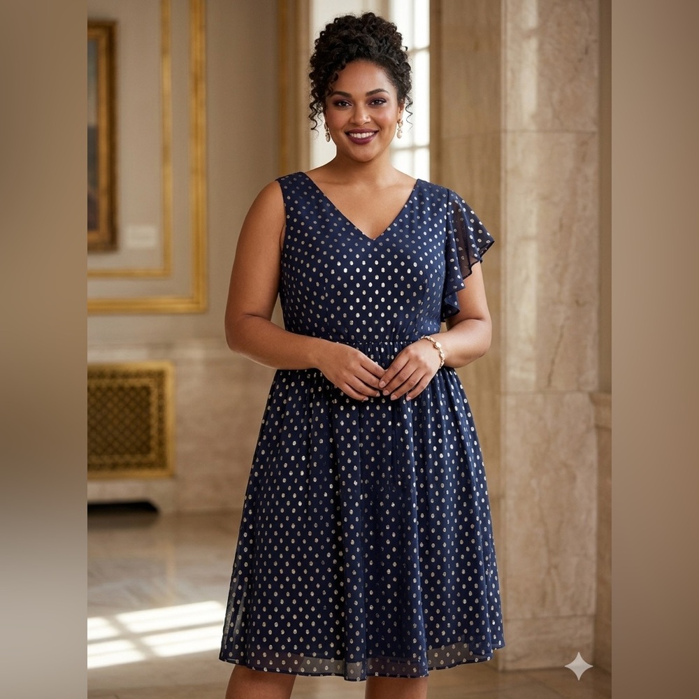 Chaps Navy Dress with Gold Polka Dots One-Shoulder Detail